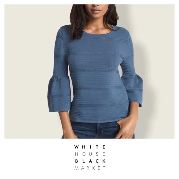 WHBM Blue Drama Bell Sleeve Pointelle Sweater - Picture 1 of 7